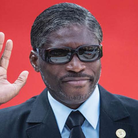 Vice President of Equatorial Guinea Teodoro Nguema Obiang Mangue gestures while arriving at the inauguration of Incumbent South African President Cyril Ramaphosa on May 25, 2019 (MICHELE SPATARI/AFP via Getty Images)