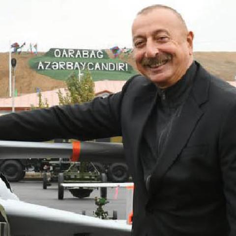 Azerbaijani President Ilham Aliyev poses with a Harop drone in Jabrayil, Azerbaijan (Press Service, Republic of Azerbaijan)
