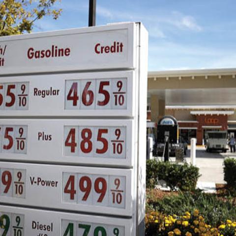 Gas prices approaching $5 a gallon are displayed in front of a Shell gas station on October 05, 2021 in San Rafael, California. (Photo by Justin Sullivan/Getty Images)