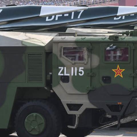 Military vehicles carrying DF-17 missiles participate in a military parade at Tiananmen Square in Beijing on October 1, 2019. (GREG BAKER/AFP via Getty Images)