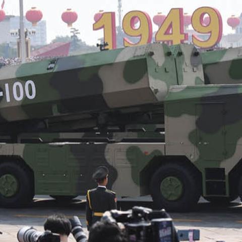 Military vehicles carrying DF-100 ground-based land-attack missiles participate in a military parade at Tiananmen Square in Beijing on October 1, 2019. (GREG BAKER/AFP via Getty Images)