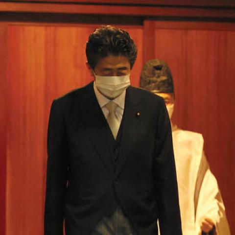 Former Prime Minister Shinzo Abe visits Yasukuni Shrine on the 76th anniversary of the WWII surrender on August 15, 2021 in Tokyo, Japan. (Photo by The Asahi Shimbun via Getty Images)