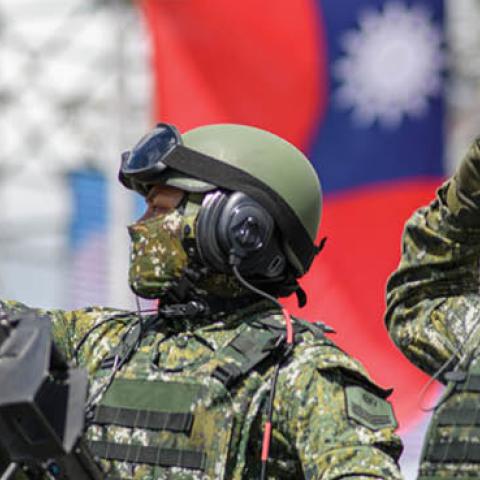 Taiwan military forces parades in front of Taiwan presidential palace on the occasion of the nation's 110 birthday. (Photo by Alberto Buzzola/LightRocket via Getty Images)
