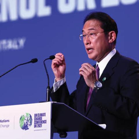 Japan's Prime Minister Fumio Kishida makes a national statement during day three of COP26 at SECC on November 2, 2021 in Glasgow, United Kingdom. (Photo by Hannah McKay - Pool/Getty Images)