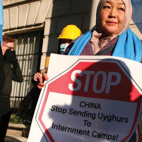 Demonstrators protest China’s genocidal campaign against the Uyghur people outside the Chinese Embassy in London, England, on January 19, 2020. (David Cliff/NurPhoto via Getty Images)