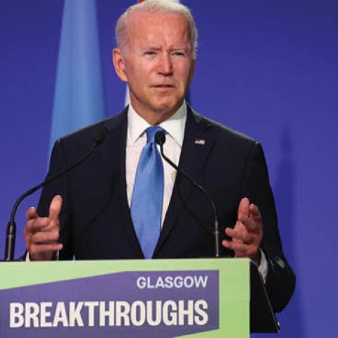 U.S. President Joe Biden speaks during the World Leaders' Summit "Accelerating Clean Technology Innovation and Deployment" session on day three of COP26 on November 02, 2021 in Glasgow, Scotland. (Photo by Chris Jackson/Getty Images)