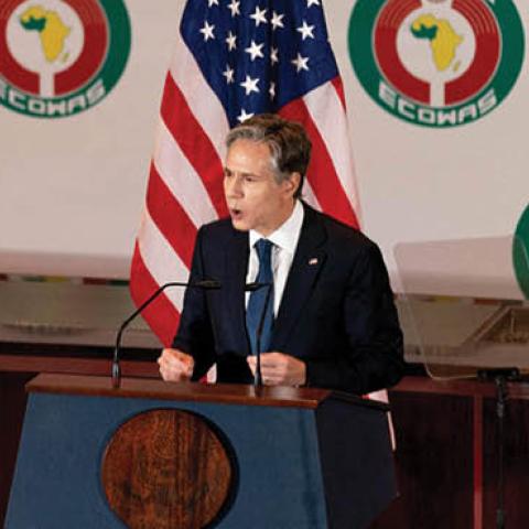 U.S. Secretary of State Antony Blinken gives a speech on U.S. Africa Policy at the Economic Community of West African States in Abuja, Nigeria, on November 19, 2021. (Photo by ANDREW HARNIK/POOL/AFP via Getty Images)