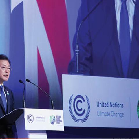 South Korea's President Moon Jae-in speaks during the UN Climate Change Conference COP26 at SECC on November 1, 2021 in Glasgow, United Kingdom. (Photo by Yves Herman - WPA Pool/Getty Images)