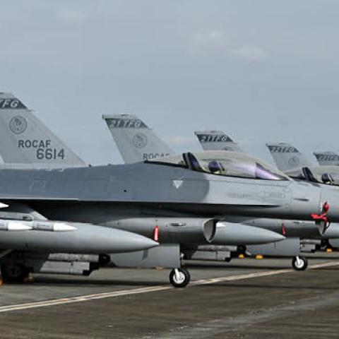 The upgraded U.S.-made F-16 V fighters are displayed during a ceremony at the Chiayi Air Force in southern Taiwan on November 18, 2021. (Photo by SAM YEH/AFP via Getty Images)