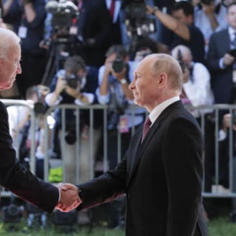 U.S. President Joe Biden and Russia's President Vladimir Putin shake hands as they meet for talks at the Villa La Grange on June 16, 2021. (Photo by Mikhail Metzel\TASS via Getty Images)