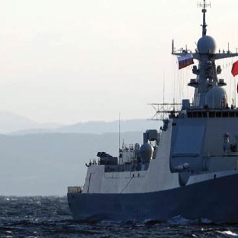 Ships belonging to the Chinese naval fleet pass through a naval mine threat area during the Joint Sea-2021 China-Russia military drill near Vladivostok, Russia on October 15, 2021. (Photo by Sun Zifa/China News Service via Getty Images)