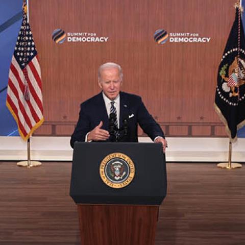 U.S. President Joe Biden delivers closing remarks for the White House's virtual Summit For Democracy in the Eisenhower Executive Office Building on December 10, 2021 in Washington, DC. (Photo by Chip Somodevilla/Getty Images)