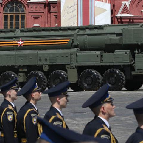 Russian nuclear missile rolls along Red Square during the military parade marking the 75th anniversary of Nazi defeat, on June 24, 2020 in Moscow, Russia. (Photo by Mikhail Svetlov/Getty Images)