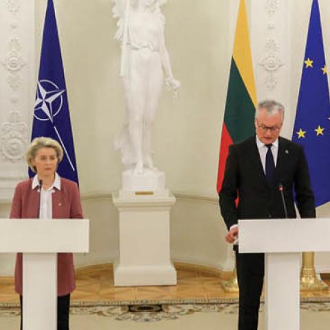 Lithuanian Prime Minister Ingrida Simonyte, European Commission President Ursula von der Leyen, Lithuania's President Gitanas Nauseda, and NATO Secretary-General Jens Stoltenberg in Vilnius, Lithuania. (Photo by PETRAS MALUKAS/AFP via Getty Images)