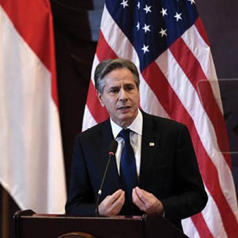 U.S. Secretary of State Antony Blinken delivers remarks on the Biden administration's Indo-Pacific strategy at the Universitas Indonesia in Jakarta, Indonesia on December 14, 2021. (Photo by OLIVIER DOULIERY/POOL/AFP via Getty Images)