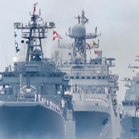 Warships take part in the main naval parade marking Russian Navy Day in the Gulf of Finland. (Photo by Alexander Demianchuk\TASS via Getty Images)