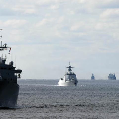 The warship formations of China and Russia sail through the Tsugaru Strait during the naval exercise Joint Sea-2021 on October 18, 2021 in the Western part of the Pacific Ocean. (Photo by Sun Zifa/China News Service via Getty Images)