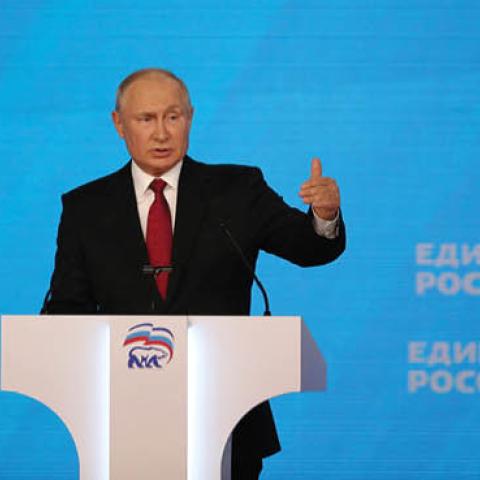 Russian President Vladimir Putin delivers a speech during the United Russia Party Congress, on August 24, 2021 in Moscow, Russia. (Mikhail Svetlov/Getty Images)