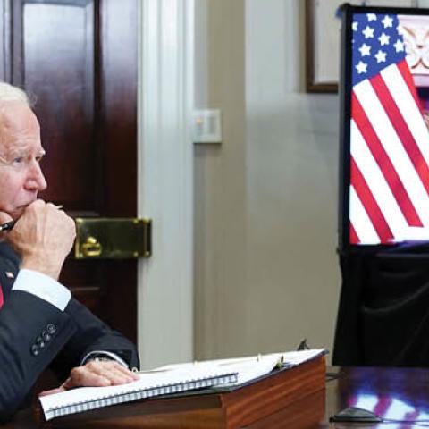 U.S. President Joe Biden meets with Chinese Leader Xi Jinping during a virtual summit from the Roosevelt Room of the White House in Washington, DC, November 15, 2021. (Photo by MANDEL NGAN/AFP via Getty Images)