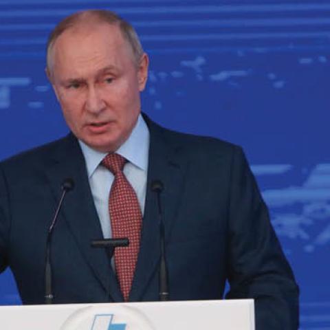 Russian President Vladimir Putin talks during the plenary session of the 30th Congress of Russian Union of Industrialists and Entrepreneurs (RSPP) on December 17, 2021 in Moscow, Russia. (Photo by Mikhail Svetlov/Getty Images)