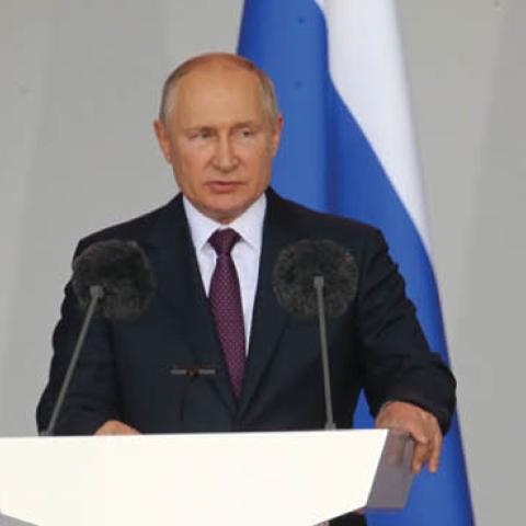 Russian President Vladimir Putin speaks during the opening ceremony of the International Military-Technical Forum "Army-2021" at the Patriot Park on August 23, 2021 in Kubinka, Russia. (Photo by Mikhail Svetlov/Getty Images)