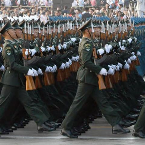 Chinese soldiers during the rehearsal of the military parade to celebrate the 70th Anniversary of the founding of the People's Republic of China on October 1, 2019 in Beijing, China. (Photo by the Asahi Shimbun via Getty Images)