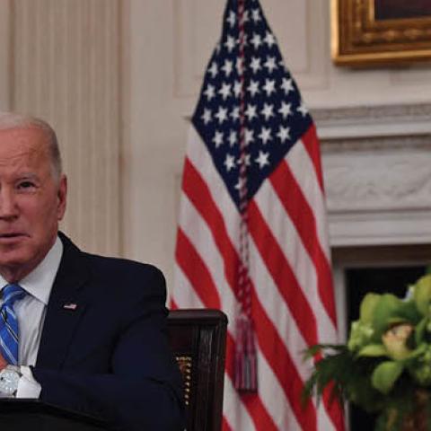 President Joe Biden speaks during a meeting in the State Dining Room of the White House in Washington, DC, on January 26, 2022. (Photo by Nicholas Kamm/AFP via Getty Images)