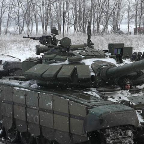 T-72B3 tanks of the Russian Southern Military District's 150th Rifle Division take part in a military exercise at Kadamovsky Range. (Photo by Erik Romanenko\TASS via Getty Images)