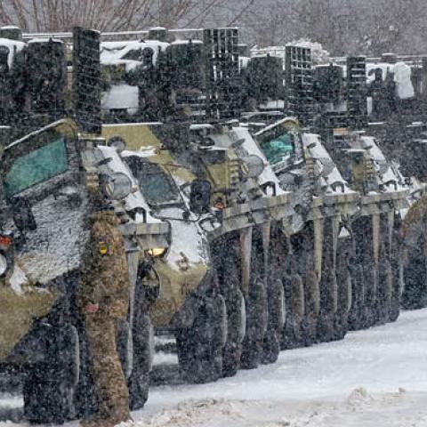 Ukrainian Armed Forces move to park in their base near Klugino-Bashkirivka village, in the Kharkiv region on January 31, 2022. (Photo by Sergey BOBOK / AFP via Getty Images)
