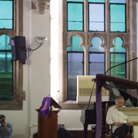 Cardinal Joseph Zen speaks to attendees at the Kowloon Union Church in Hong Kong, to pray for nine pro-democracy activists. (Yan Zhao/AFP via Getty Images) 