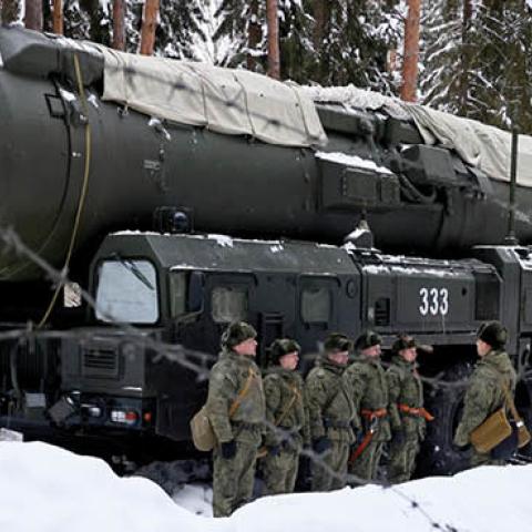 Servicemen take part in combat patrol and anti-sabotage drills involving RS-24 Yars road-mobile intercontinental ballistic missile systems. (Photo by Vladimir Smirnov\TASS via Getty Images)