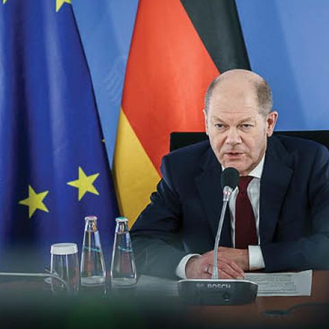 German Chancellor Olaf Scholz attends a video conference with close allies on the situation in and around Ukraine on January 24, 2022 in Berlin, Germany. (Photo by Jesco Denzel/Bundesregierung via Getty Images)