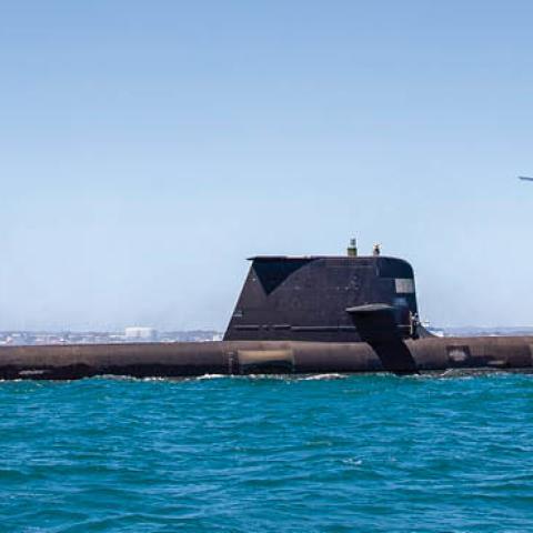 Royal Australian Navy submarine HMAS Rankin conducts helicopter transfers during a training assessment on February 12, 2021 in Cockburn Sound, Australia. (Photo by LSIS Richard Cordell/Australian Defence Force via Getty Images)