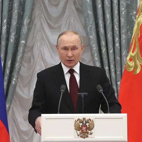 Russia's President Vladimir Putin speaks during a ceremony to present the highest state decorations at Moscow's Kremlin. (Photo by Sergei Karpukhin\TASS via Getty Images)