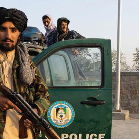 Taliban pose for media on Wazir Hill on September 19, 2021 in Kabul, Afghanistan. (Photo by Paula Bronstein/Getty Images)