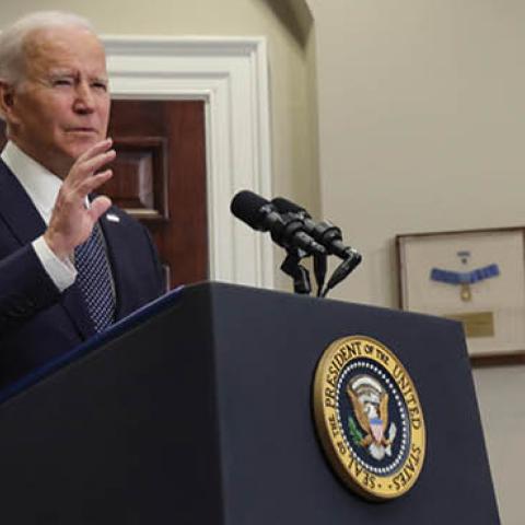 Biden comments on the Ukraine-Russia crisis during an event in the Roosevelt Room of the White House on February 18, 2022, in Washington, DC. (Getty Images)