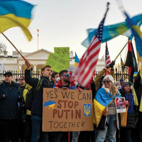 Demonstrators gather at the White House to protest against the rising tensions between Russia and Ukraine on February 20, 2022, in Washington, D.C. (Getty Images)
