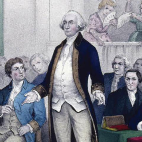 George Washington (1732 - 1799) appointed as Commander in Chief of the Continental Army of the United Colonies of America in the Assembly Room of the State House of Pennsylvania, Philadelphia (Getty Images)