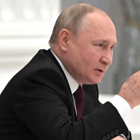 Russian President Vladimir Putin summons a meeting of Russia's Security Council at the Kremlin in Moscow, Russia on February 21, 2022. (Getty Images)