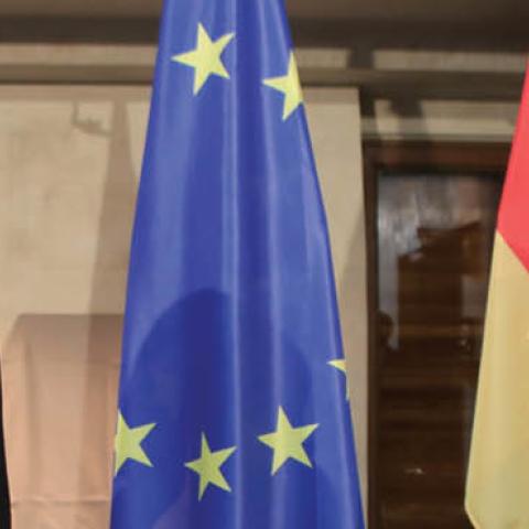 German Chancellor Olaf Scholz (R) and U.S. Vice President Kamala Harris (L) pose for the media ahead of bilateral talks at the 2022 Munich Security Conference on February 19, 2022, in Munich, Germany. (Getty ImagesV