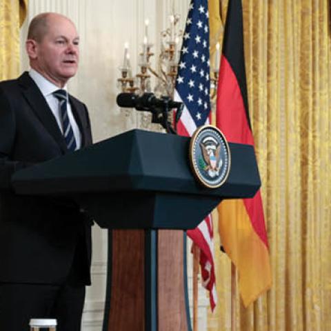German Chancellor Olaf Scholz (L) delivers remarks alongside U.S. President Joe Biden during a joint news conference in the East Room of the White House on February 07, 2022, in Washington, DC. (Getty Images)