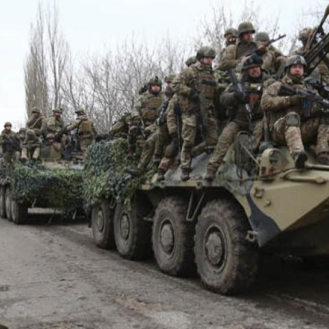 Ukrainian servicemen get ready to repel an attack in Ukraine's Lugansk region on February 24, 2022. (Getty Images)