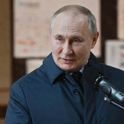 Russian President Vladimir Putin gives a speech as he visits the National Space Centre construction site in Moscow on February 27, 2022. (Photo by Sergei Guneyev/Sputnik/AFP via Getty Images)