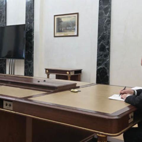 Russian President Vladimir Putin meets with Defence Minister Sergei Shoigu and chief of the general staff Valery Gerasimov in Moscow on February 27, 2022. (Photo by Alexey Nikolsky/Sputnik/AFP via Getty Images)