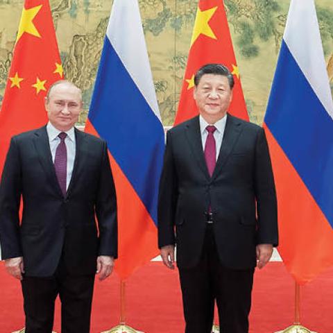 Chinese Leader Xi Jinping holds talks with Russian President Vladimir Putin at the Diaoyutai State Guesthouse in Beijing, capital of China, Feb. 4, 2022. (Photo by Li Tao/Xinhua via Getty Images)