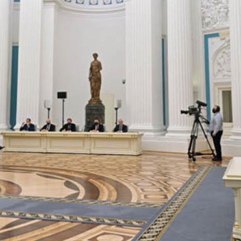 Russian President Vladimir Putin chairs a meeting of big businesses at the Kremlin in Moscow on February 24, 2022. (Photo by Alexey Nikolsky/SPUTNIK/AFP via Getty Images)