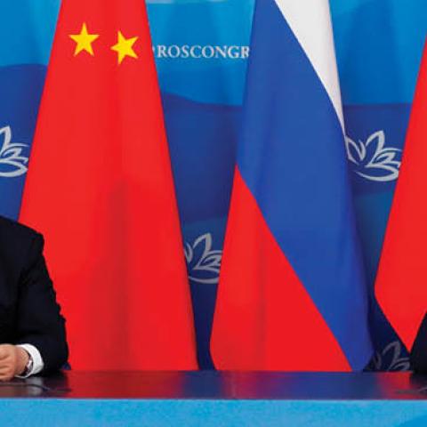 Russian President Vladimir Putin and his Chinese counterpart Xi Jinping make a statement to the press following their talks on the sidelines of the Eastern Economic Forum in Vladivostok on September 11, 2018. (Sergei Chirikov/AFP via Getty Images)