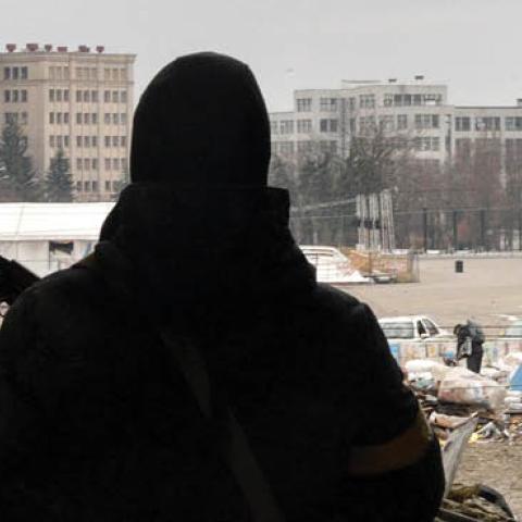 A view of the square outside the damaged local city hall of Kharkiv on March 1, 2022, destroyed as a result of Russian troop shelling. (Photo by Sergey Bobok/AFP via Getty Images)
