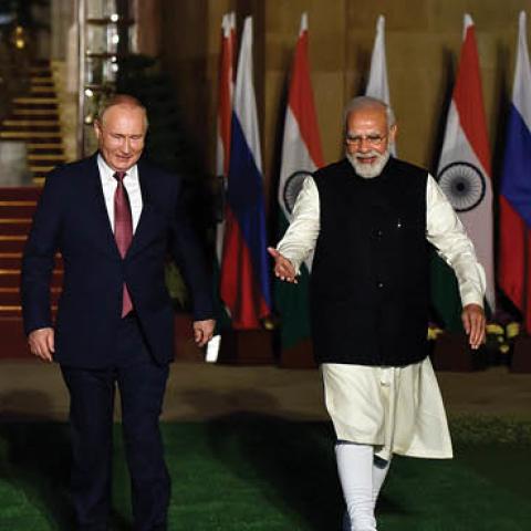 Prime Minister Narendra Modi with Russian President Vladimir Putin prior to their delegation meeting at Hyderabad House, on December 6, 2021 in New Delhi, India. (Photo by Sanjeev Verma/Hindustan Times)