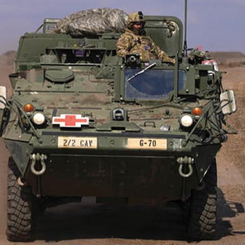 A U.S. soldier on a Stryker takes part in a joint Romanian-U.S. military drill, in a military base, on March 10, 2022, in Smardan, Romania. (Getty Images)